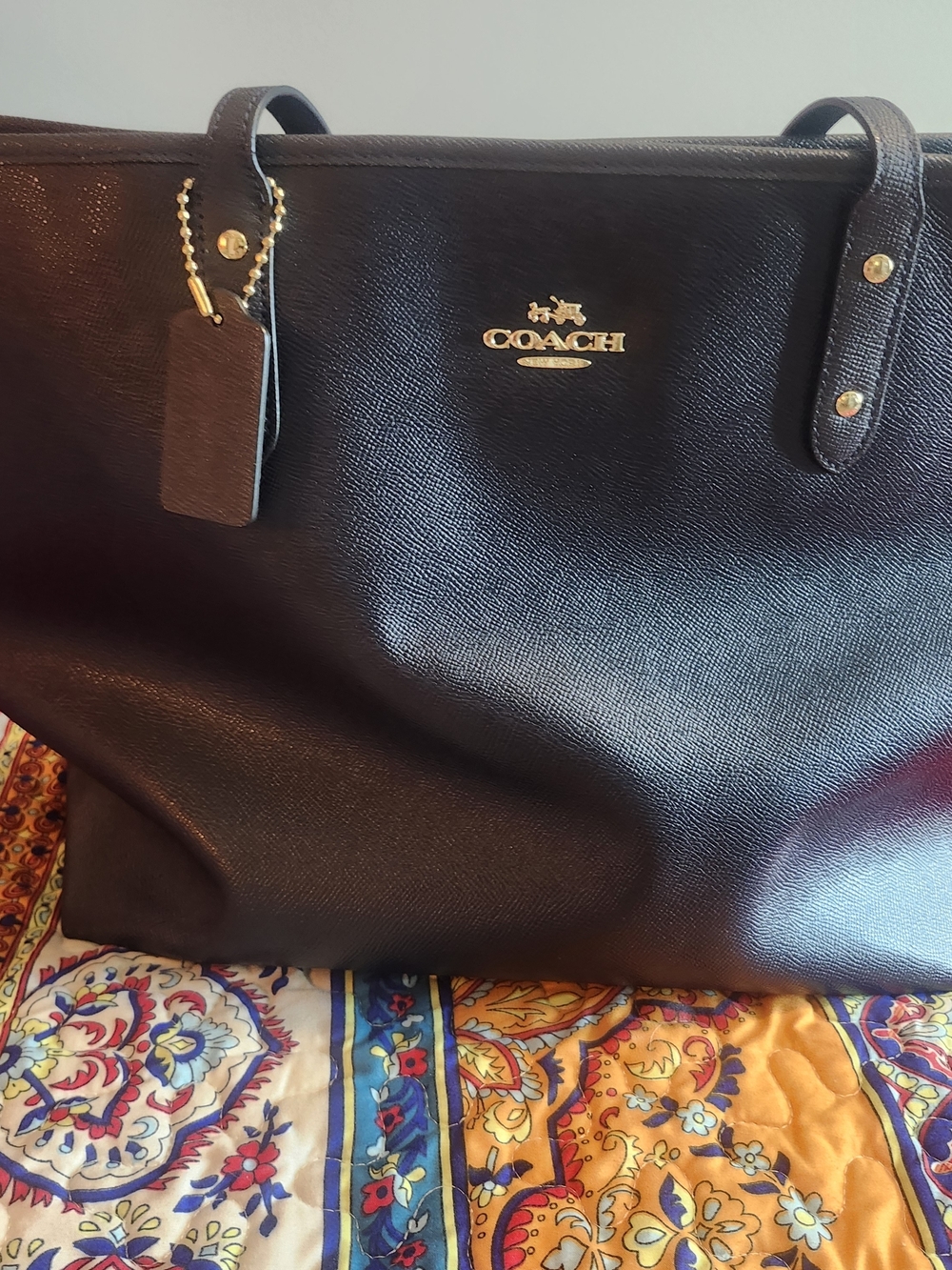COACH Black Leather Tote with Gold Logo